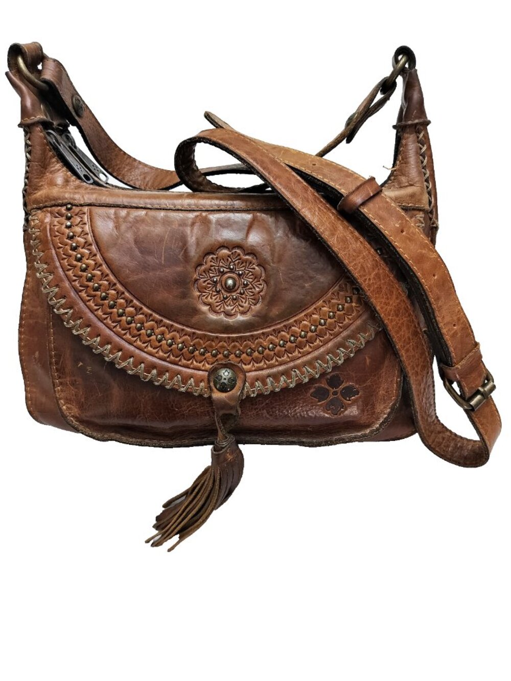 PATRICIA NASH Camila Hobo Crossbody Bag Distressed Tooled Leather Cognac Brown